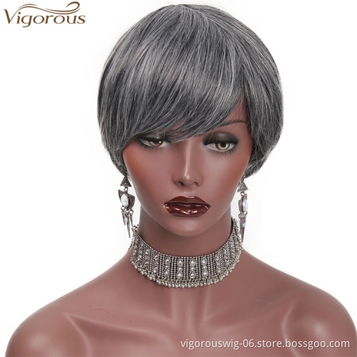 Vigorous Dark Grey Short Straight Hair Wigs with Inclined Bangs Synthetic Heat Resistant Fiber Black Gray Women Hair Wigs